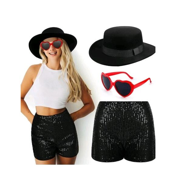 HaT Other - Riceshoot 3 Pcs Halloween Singer Costume Black Bowler Hat Heart Sunglasses Sz M